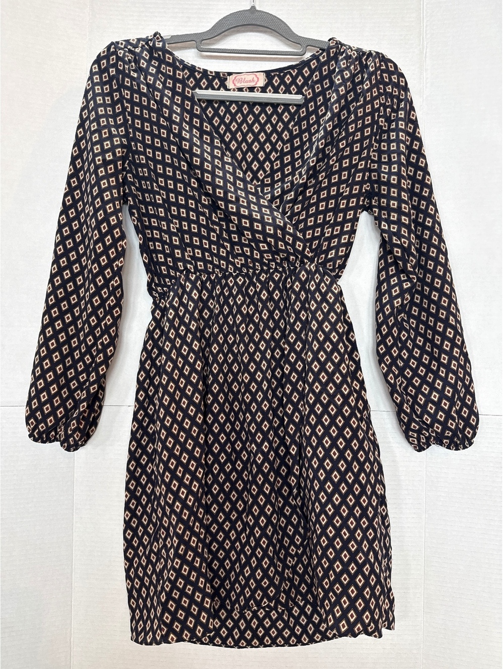 Blush Women's V-Neck Long Sleeve Mini Dress with Diamond Print